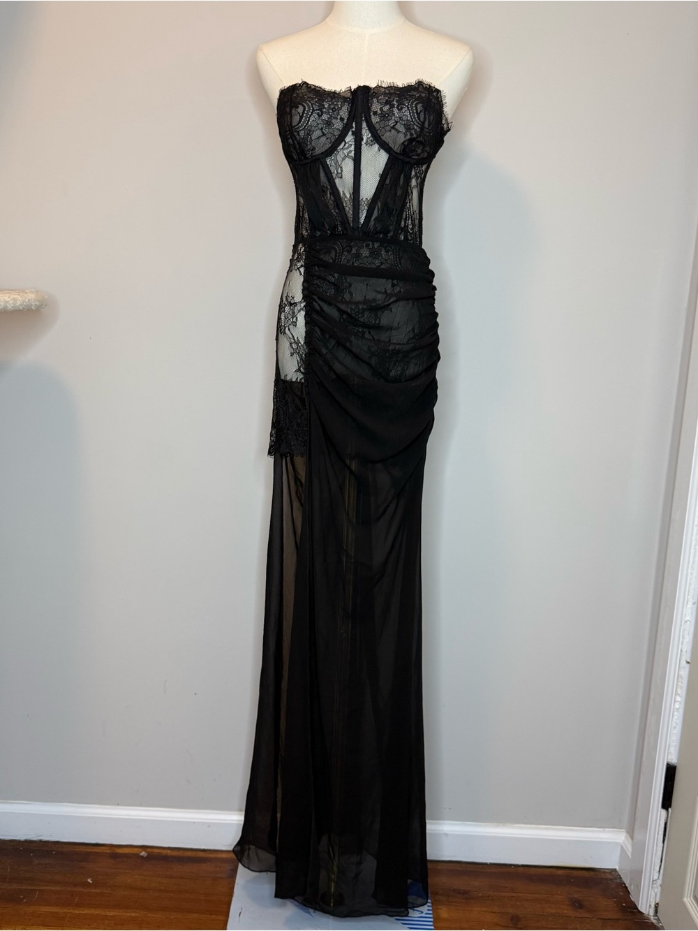 Sheer Black Strapless Lace Evening Gown